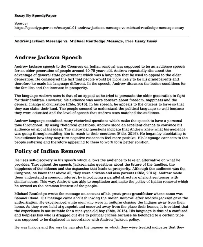 Andrew Jackson Message vs. Michael Routledge Message, Free Essay