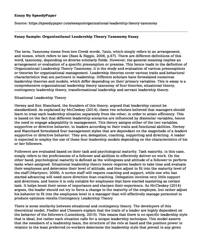 Essay Sample: Organizational Leadership Theory Taxonomy