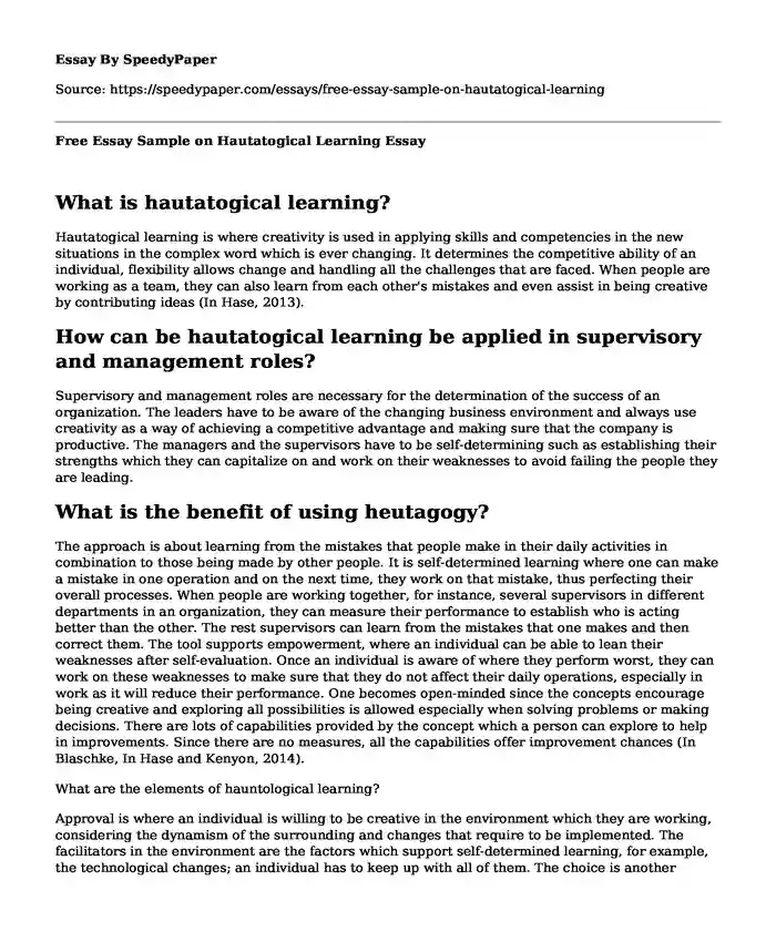 Free Essay Sample on Hautatogical Learning