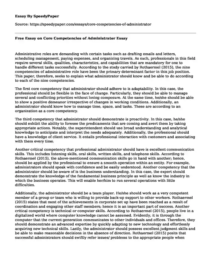 Free Essay on Core Competencies of Administrator