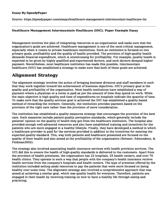 Healthcare Management Intermountain Healthcare (IHC). Paper Example