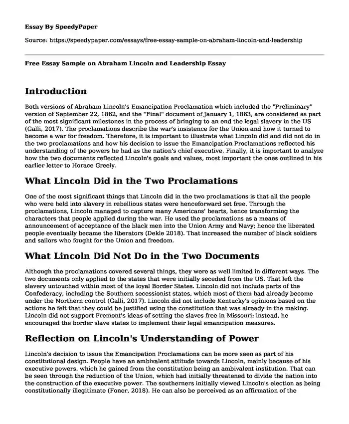 Free Essay Sample on Abraham Lincoln and Leadership