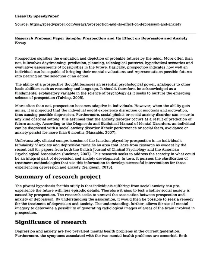 Research Proposal Paper Sample: Prospection and Its Effect on Depression and Anxiety