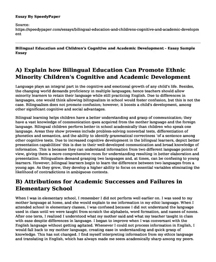Bilingual Education and Children's Cognitive and Academic Development - Essay Sample