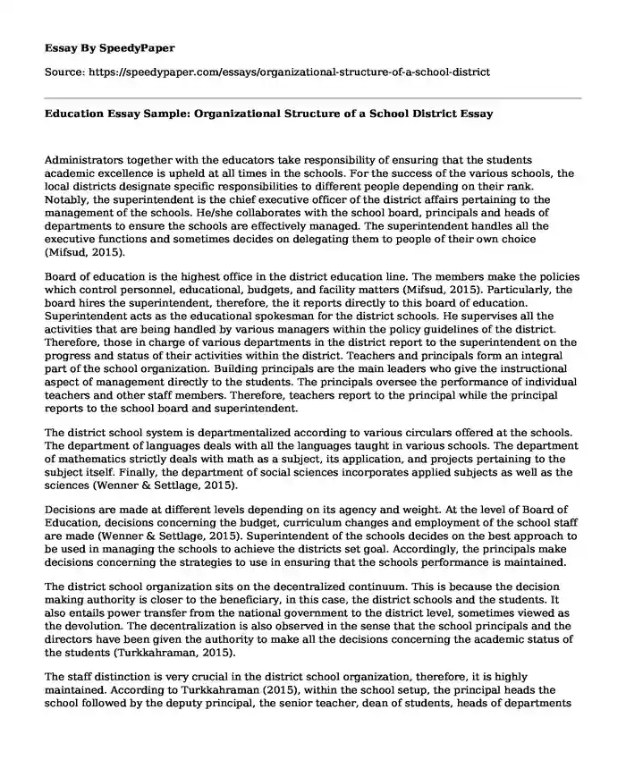 Education Essay Sample: Organizational Structure of a School District