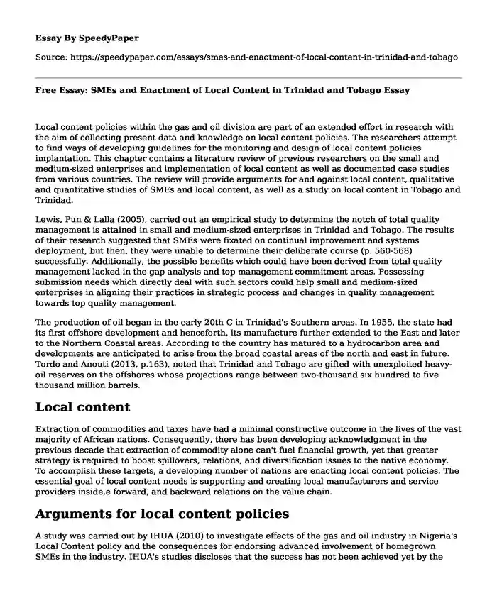 Free Essay: SMEs and Enactment of Local Content in Trinidad and Tobago