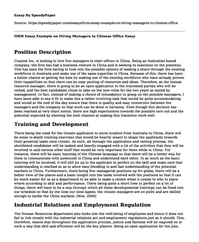 HRM Essay Example on Hiring Managers to Chinese Office