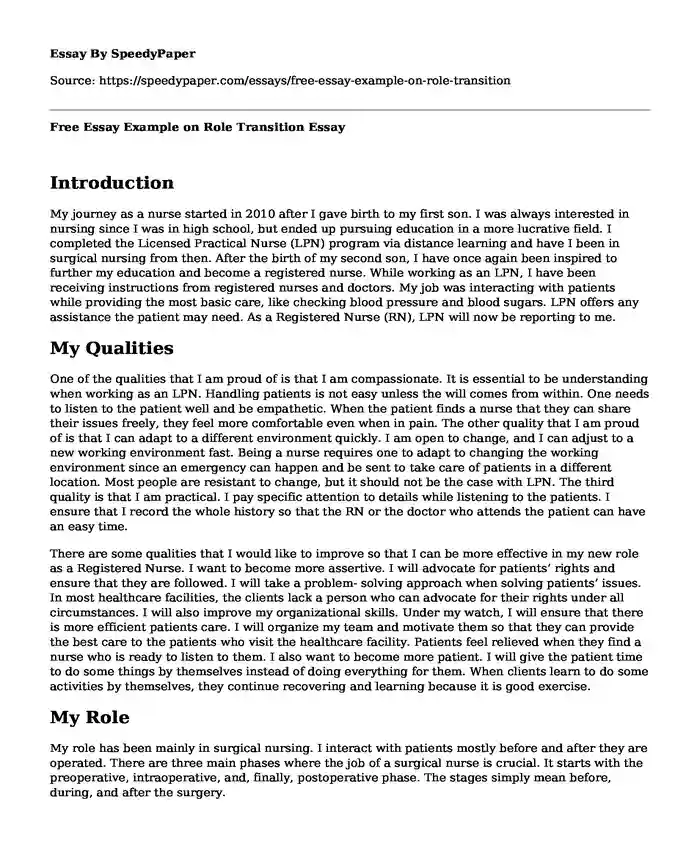 Free Essay Example on Role Transition