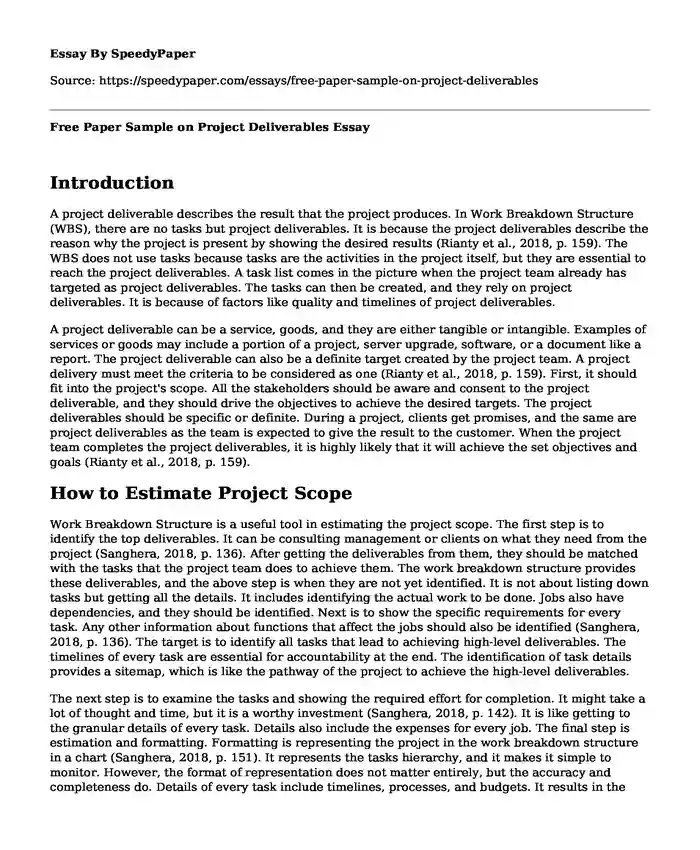 Free Paper Sample on Project Deliverables