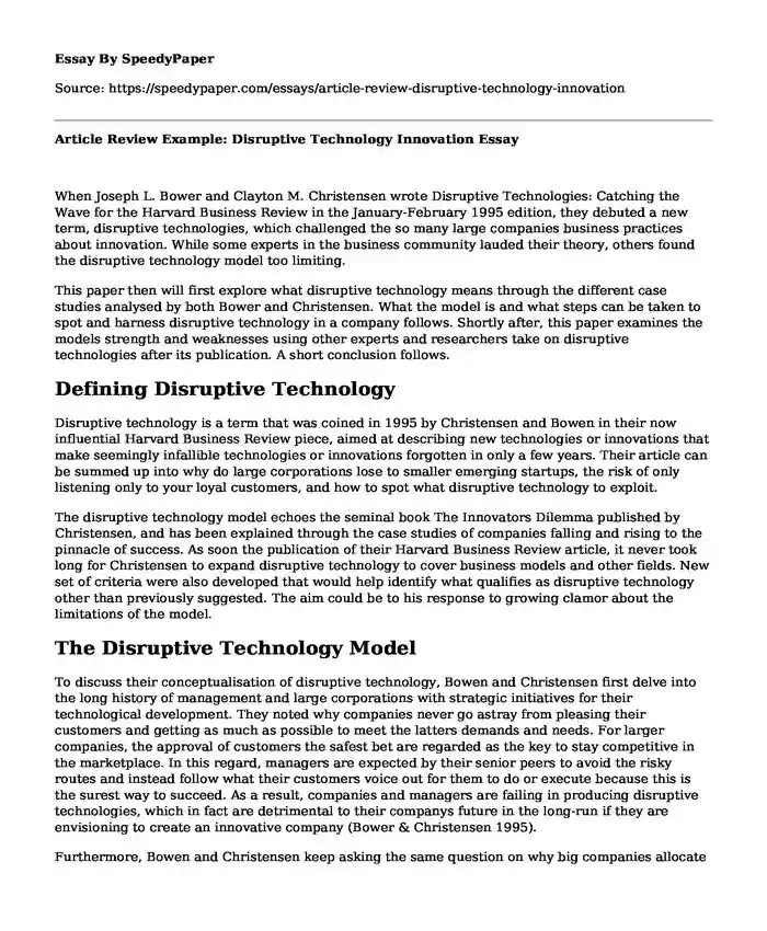 Article Review Example: Disruptive Technology Innovation