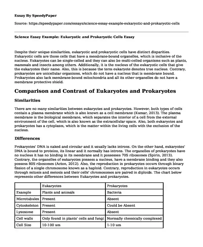 Science Essay Example: Eukaryotic and Prokaryotic Cells