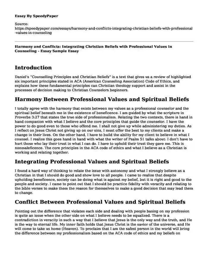 Harmony and Conflicts: Integrating Christian Beliefs with Professional Values in Counseling - Essay Sample