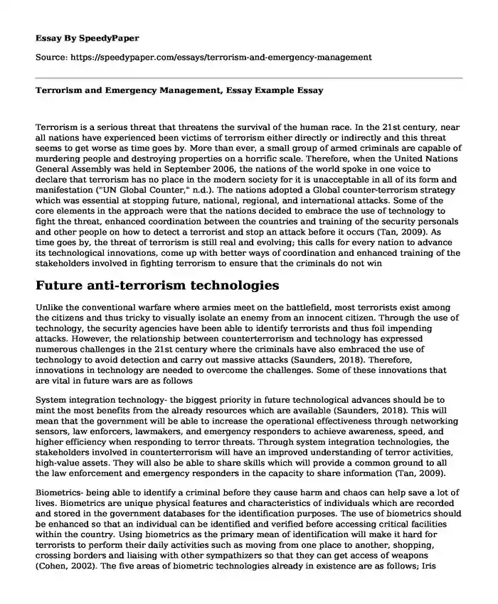 Terrorism and Emergency Management, Essay Example