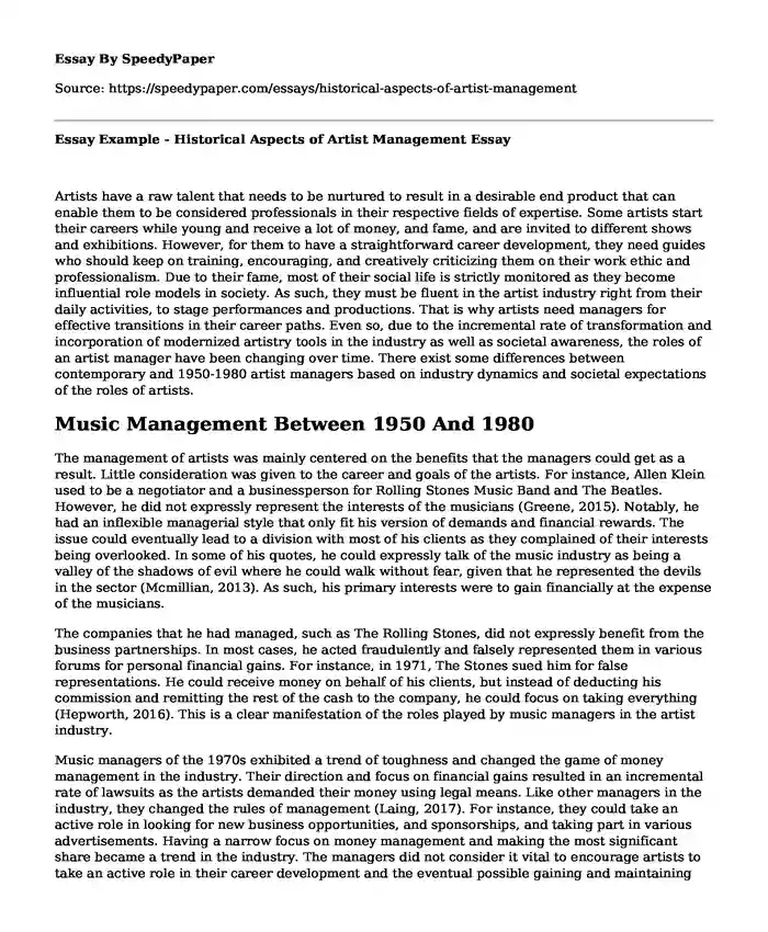 Essay Example - Historical Aspects of Artist Management