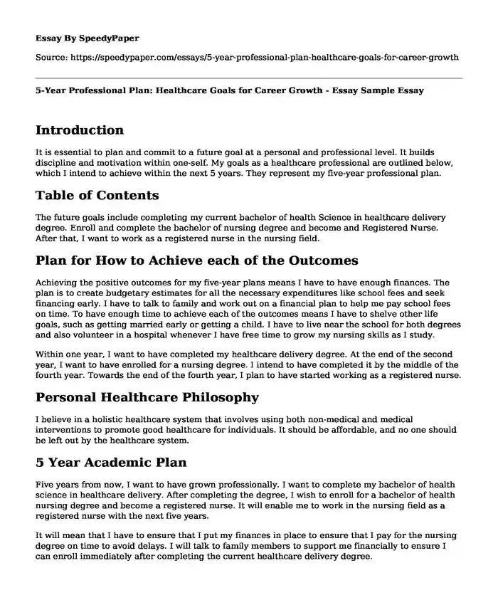 5-Year Professional Plan: Healthcare Goals for Career Growth - Essay Sample