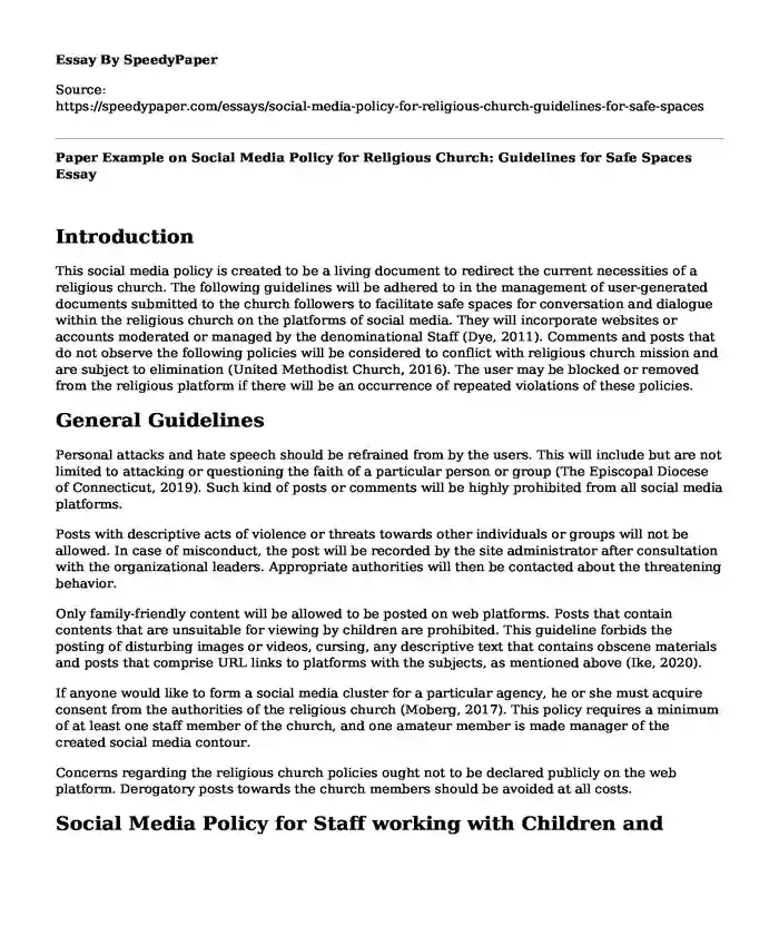 Paper Example on Social Media Policy for Religious Church: Guidelines for Safe Spaces