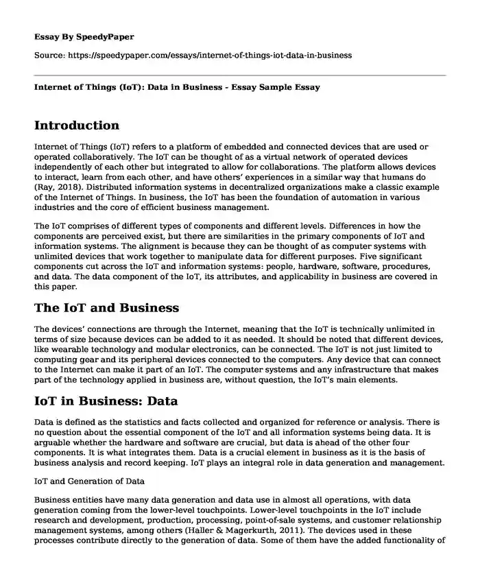 Internet of Things (IoT): Data in Business - Essay Sample