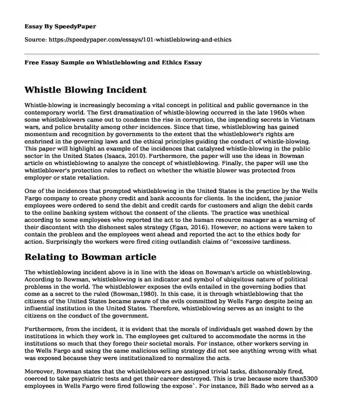 Free Essay Sample on Whistleblowing and Ethics