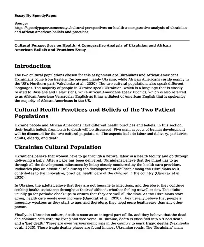 Cultural Perspectives on Health: A Comparative Analysis of Ukrainian and African American Beliefs and Practices