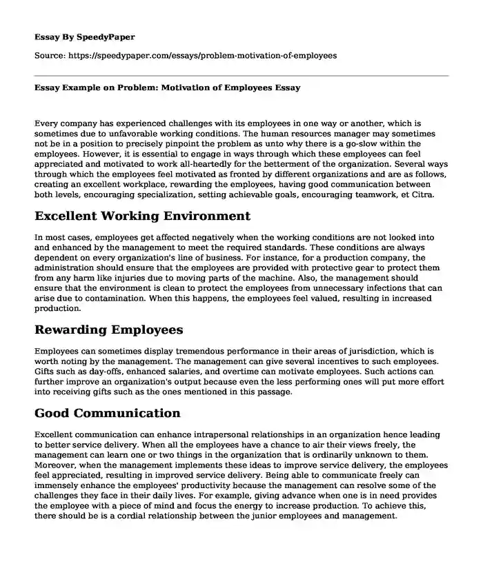 Essay Example on Problem: Motivation of Employees