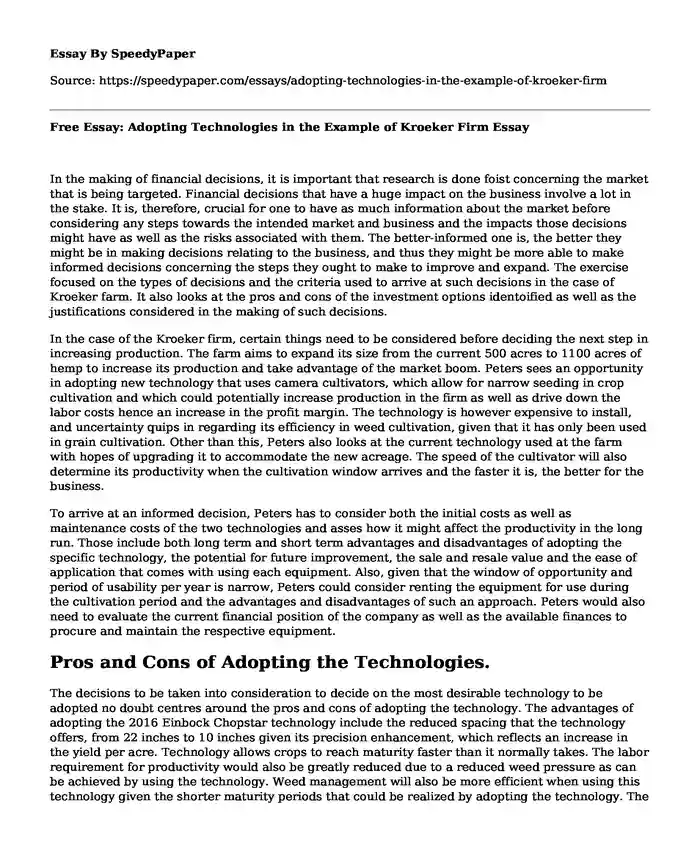 Free Essay: Adopting Technologies in the Example of Kroeker Firm