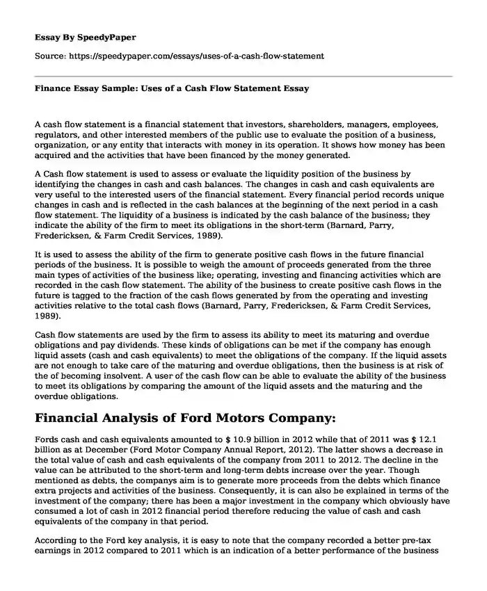 Finance Essay Sample: Uses of a Cash Flow Statement