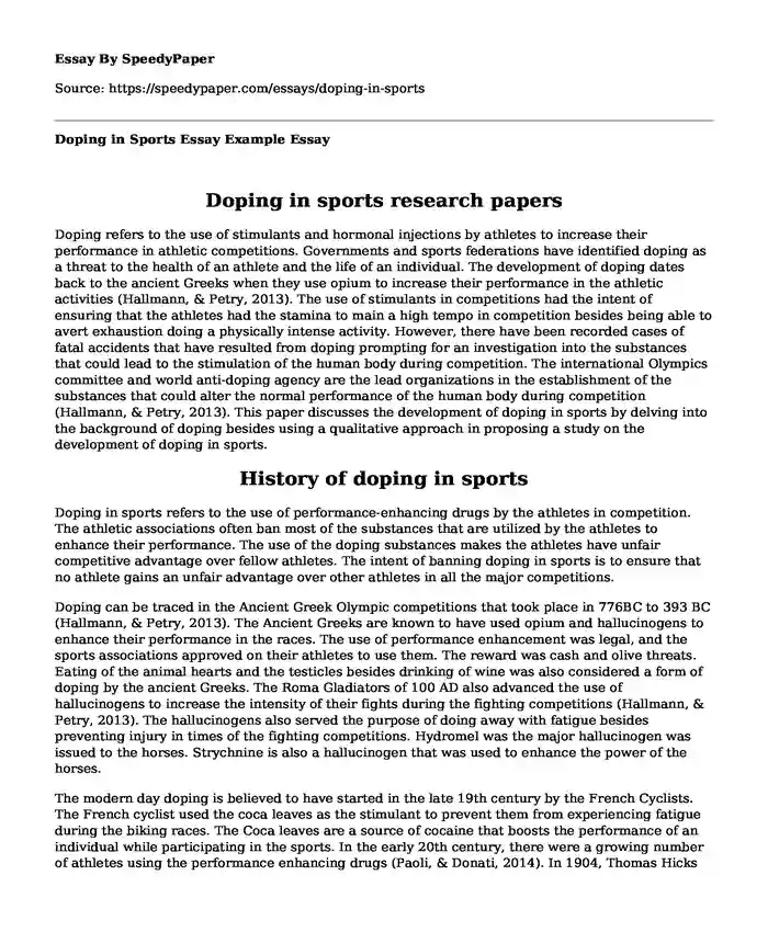 Doping in Sports Essay Example