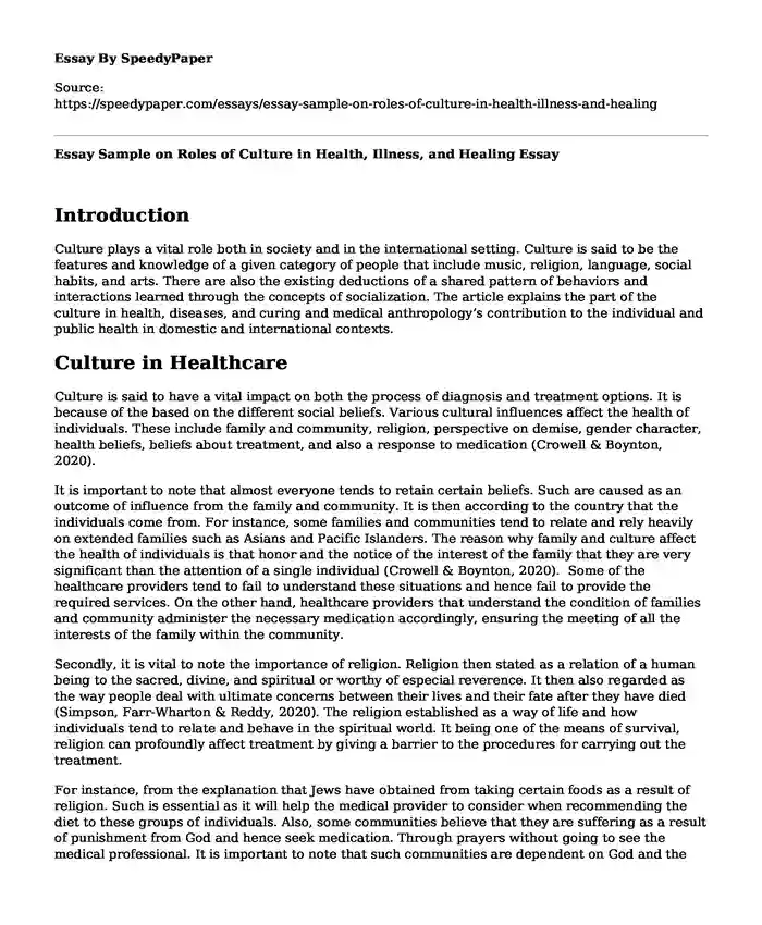 Essay Sample on Roles of Culture in Health, Illness, and Healing