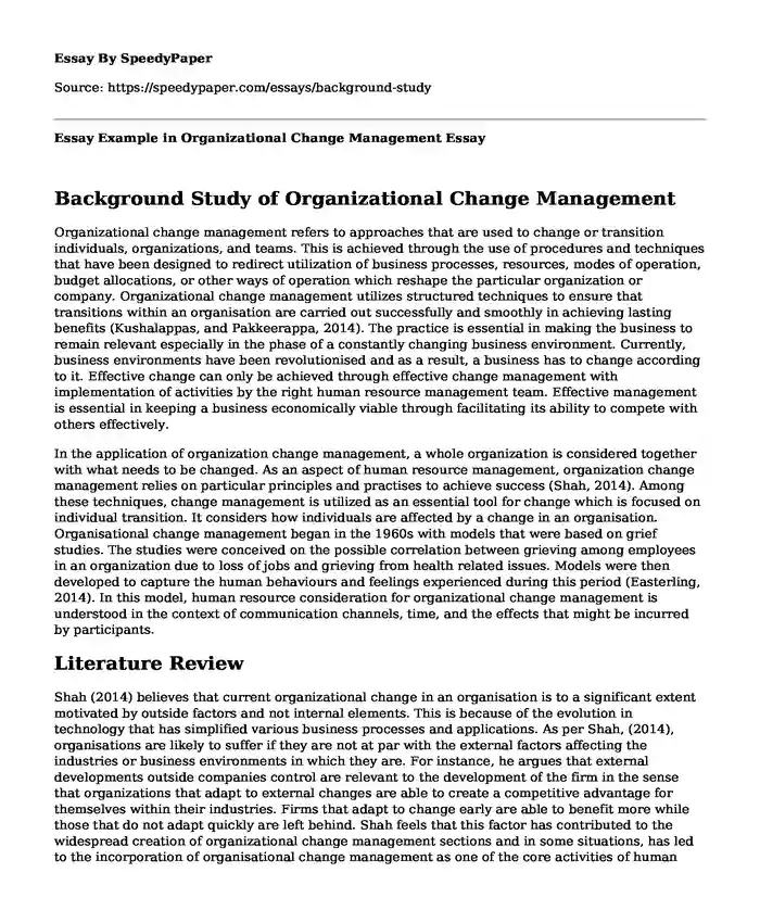 Essay Example in Organizational Change Management