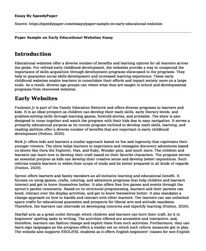 Paper Sample on Early Educational Websites