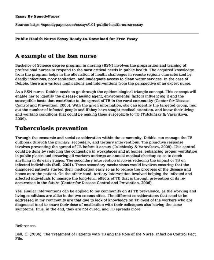 Public Health Nurse Essay Ready-to-Download for Free