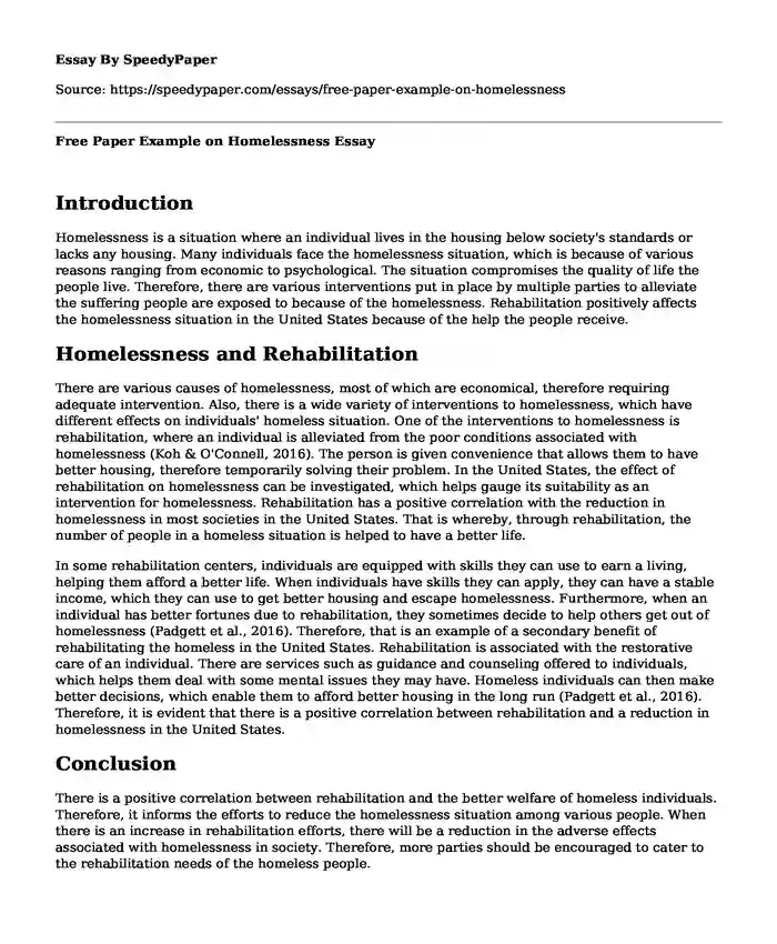 Free Paper Example on Homelessness 
