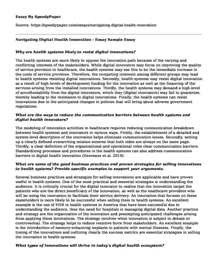 Navigating Digital Health Innovation - Essay Sample