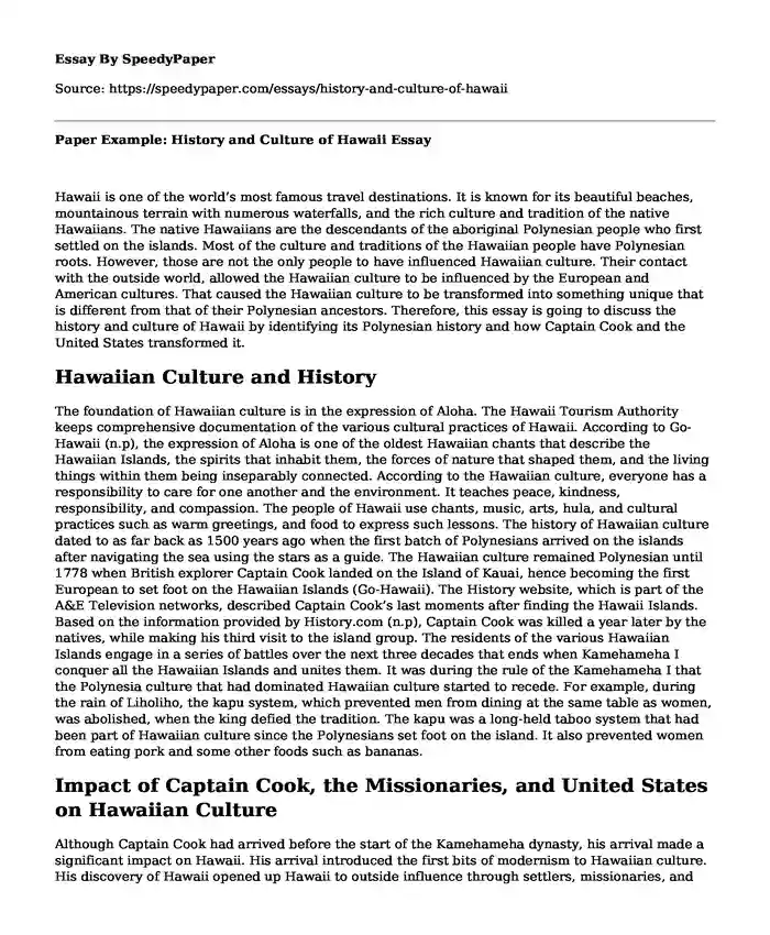 Paper Example: History and Culture of Hawaii