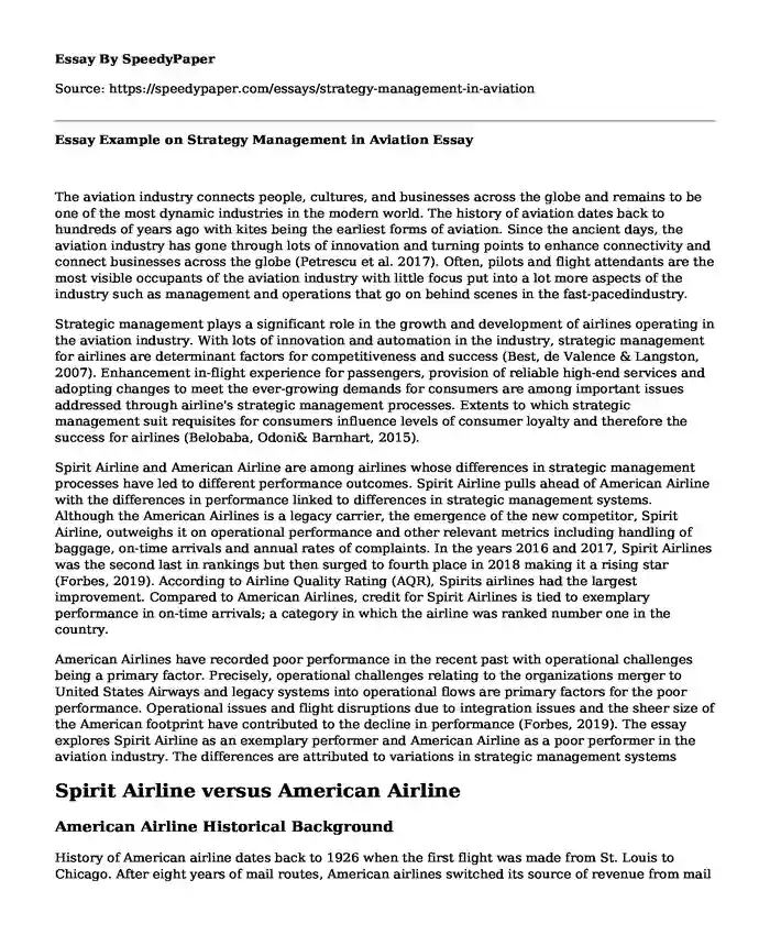 Essay Example on Strategy Management in Aviation