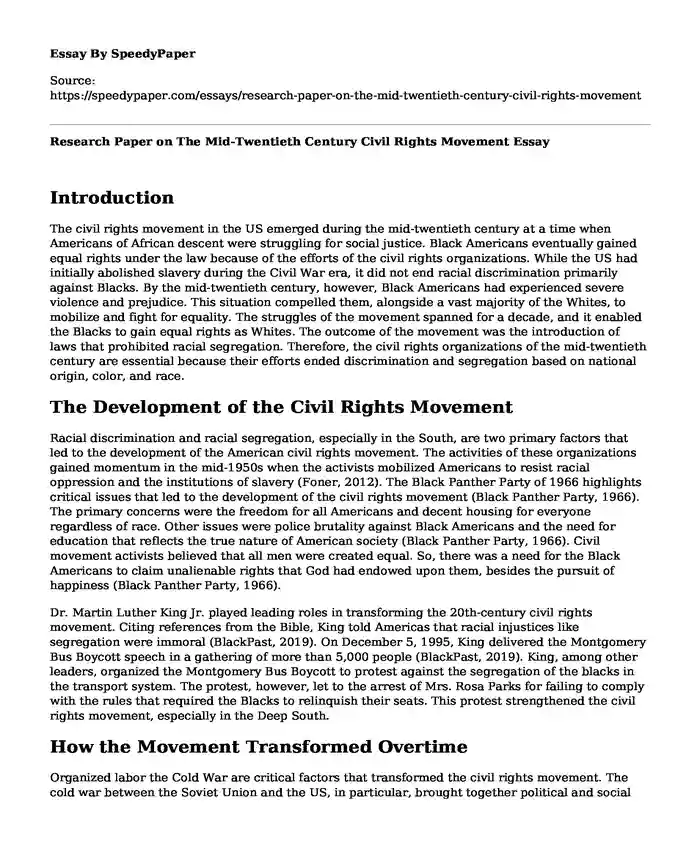 Research Paper on The Mid-Twentieth Century Civil Rights Movement