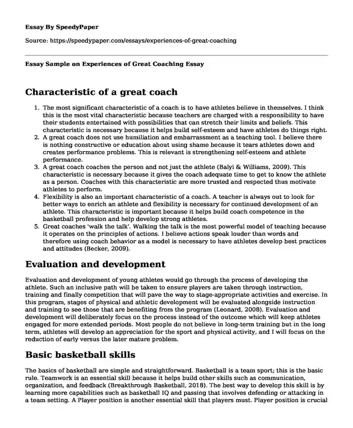 Essay Sample on Experiences of Great Coaching