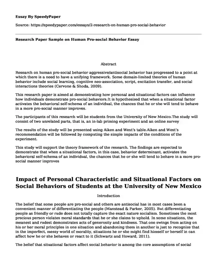 Research Paper Sample on Human Pro-social Behavior 