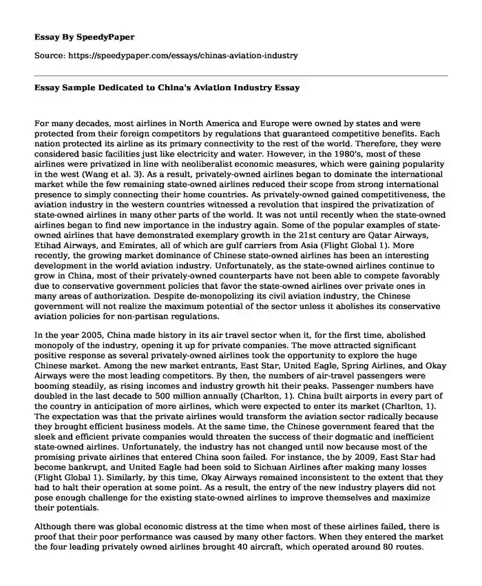 Essay Sample Dedicated to China's Aviation Industry