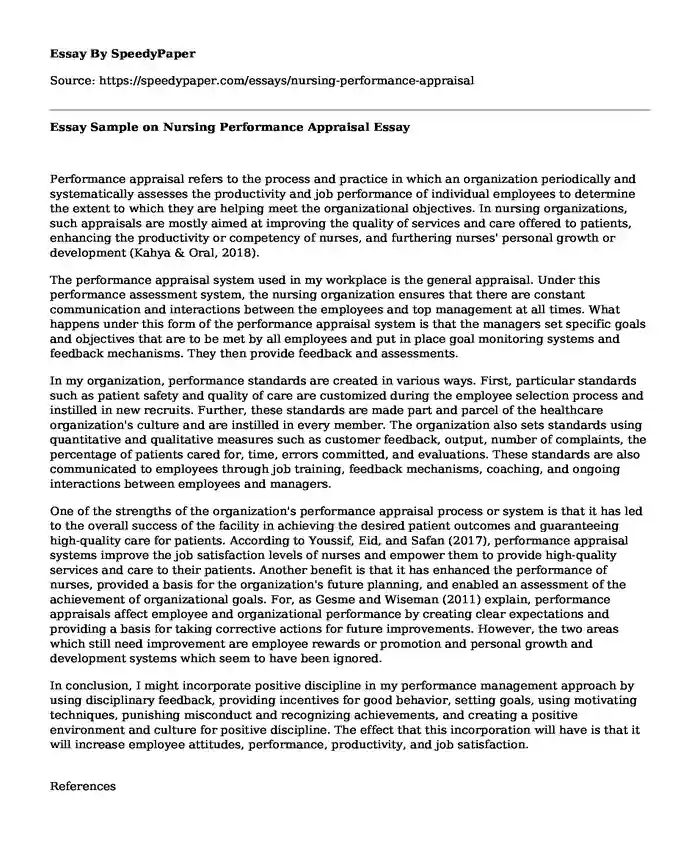 Essay Sample on Nursing Performance Appraisal