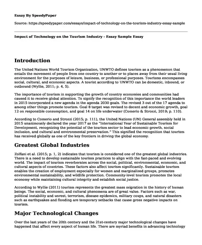 Impact of Technology on the Tourism Industry - Essay Sample