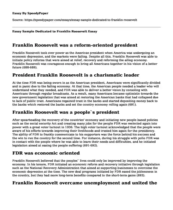 Essay Sample Dedicated to Franklin Roosevelt