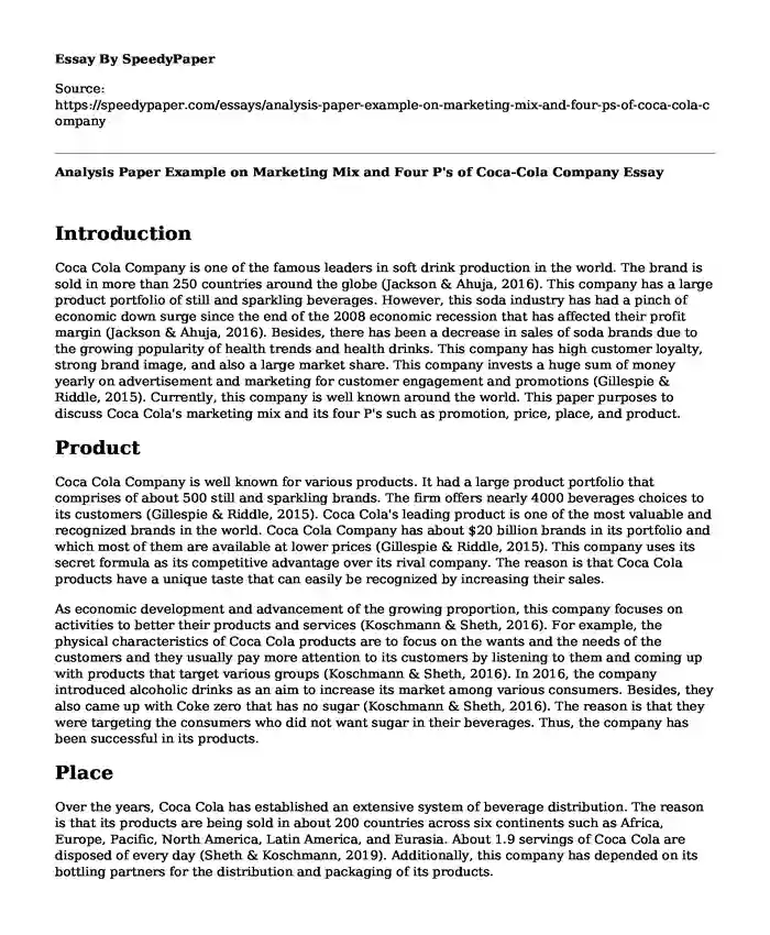 Analysis Paper Example on Marketing Mix and Four P's of Coca-Cola Company