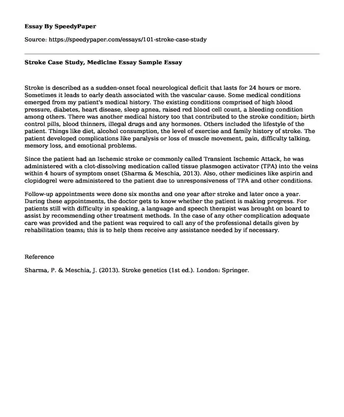 Stroke Case Study, Medicine Essay Sample