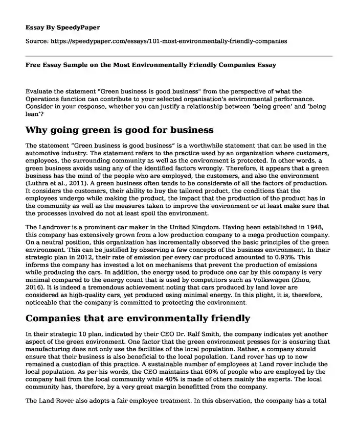 Free Essay Sample on the Most Environmentally Friendly Companies