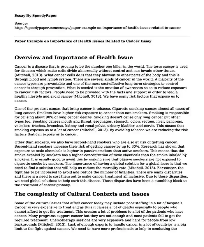 Paper Example on Importance of Health Issues Related to Cancer
