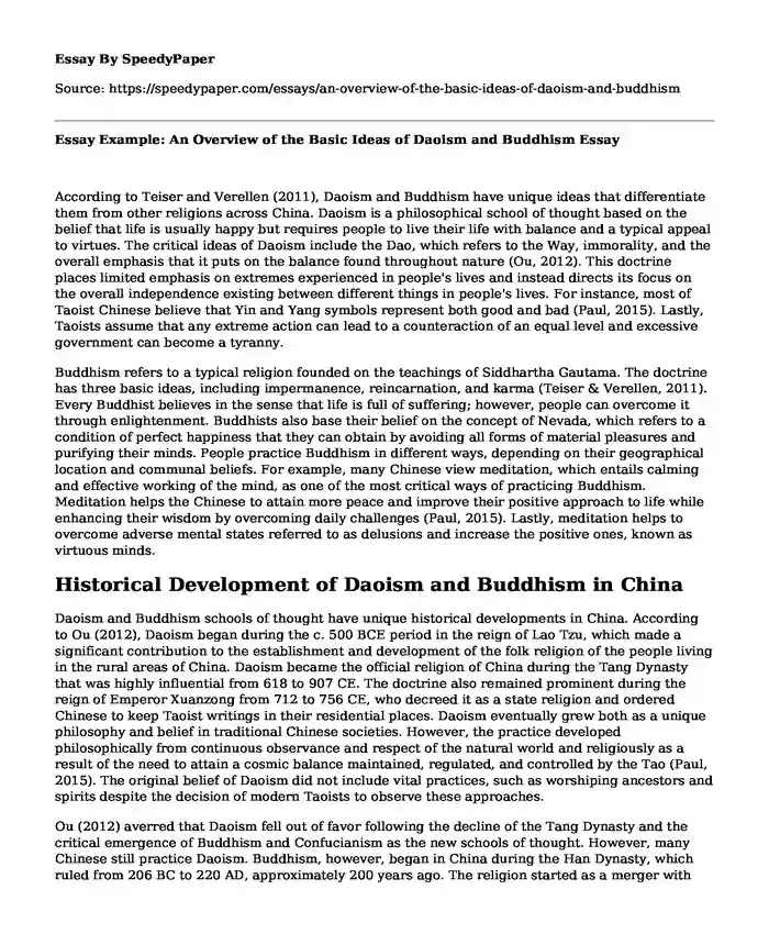 Essay Example: An Overview of the Basic Ideas of Daoism and Buddhism