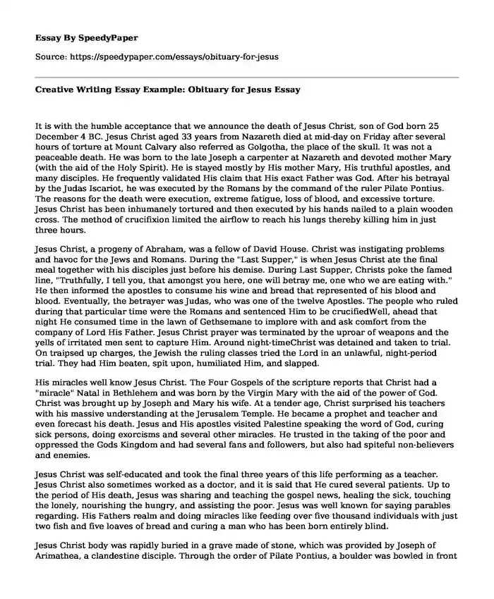 Creative Writing Essay Example: Obituary for Jesus