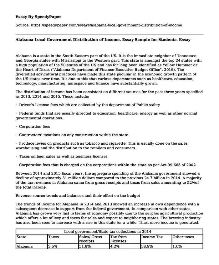 Alabama Local Government Distribution of Income. Essay Sample for Students.