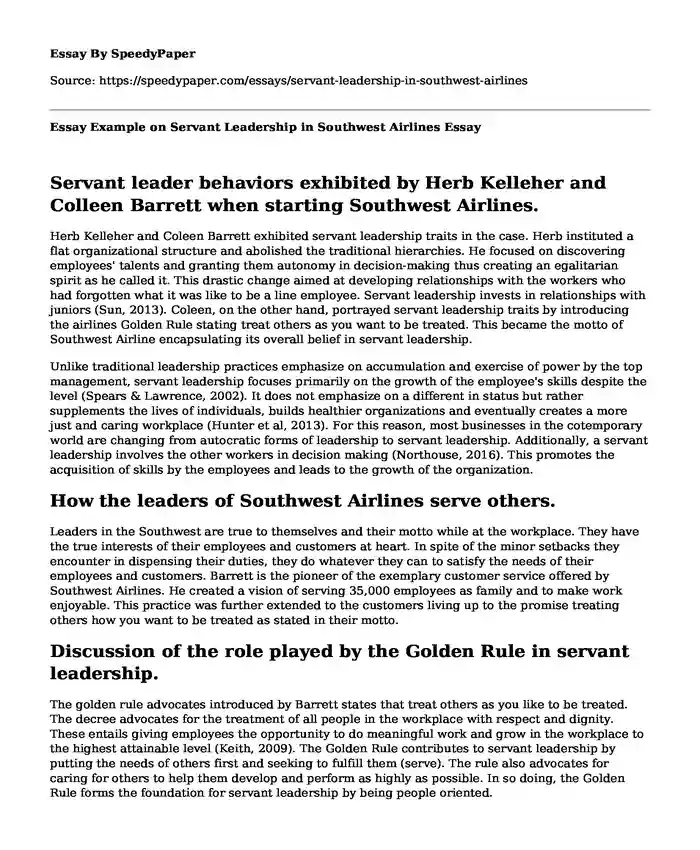 Essay Example on Servant Leadership in Southwest Airlines
